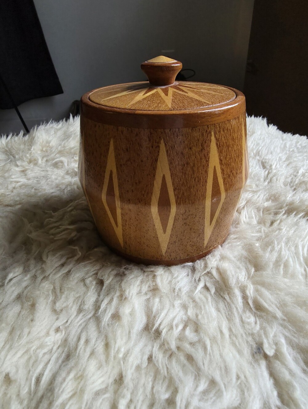 Vintage turned wooden lidded Jar, vessel. marquetry diamond patterns. Signed